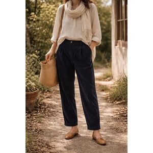 Poetry Women's Navy Blue Corduroy Pleated Trousers Cotton Pants Lagenlook- US 16